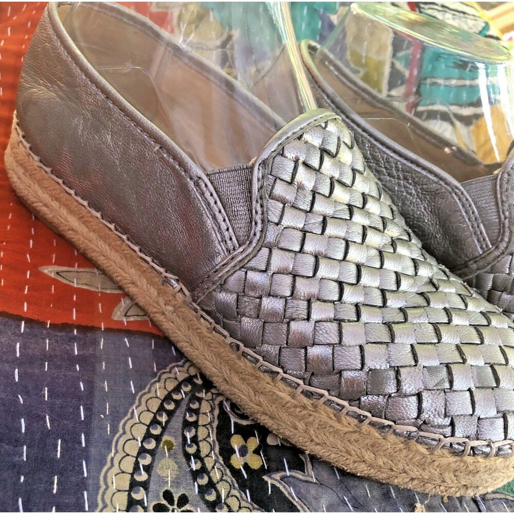 SAM EDELMAN CATHERINE Metallic Gray Woven Leather Espadrille Loafers 7.5 - Picture 11 of 14